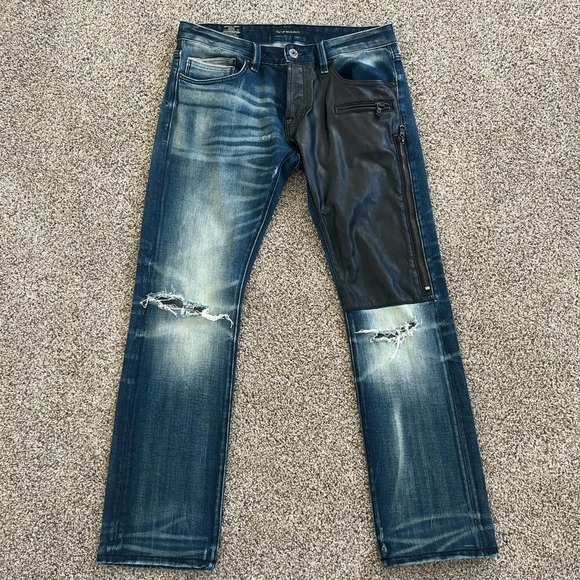 CULT OF INDIVIDUALITY VINTAGE LEATHER/DENIM STONE WASHED RIPPED JEANS